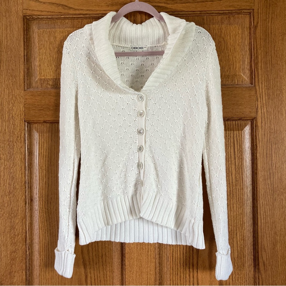 Women's Cherokee Off-White Wide Collar Button-up Cardigan Sweater Small